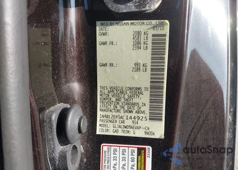 2010 Nissan Altima 3.5 Sr z USA, uszkodzony, nr VIN 1N4BL2EP3AC144925